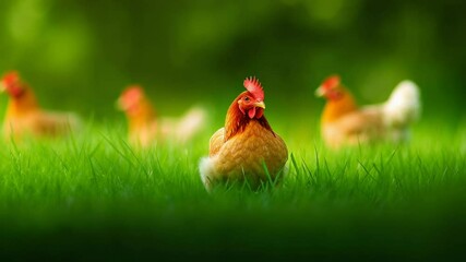 Poster - Farmyard chickens roaming freely on lush green pasture, pecking and resting under bright sunlight, embodying natural and peaceful livestock farming environment