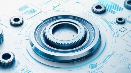 Poster - Futuristic digital gears and circuitry interweave on a white background, creating a complex, layered technological design with glowing blue accents