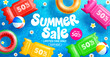 © Fotomay - Colorful summer sale banner with floating fruit pool float vector and discount coupons with beach balls in swimming pool for summer promotion and summer shopping event template
