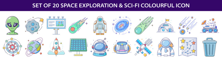 Wall Mural - Set of 20 Space Exploration and SciFi Colourful Icon Vector Illustration