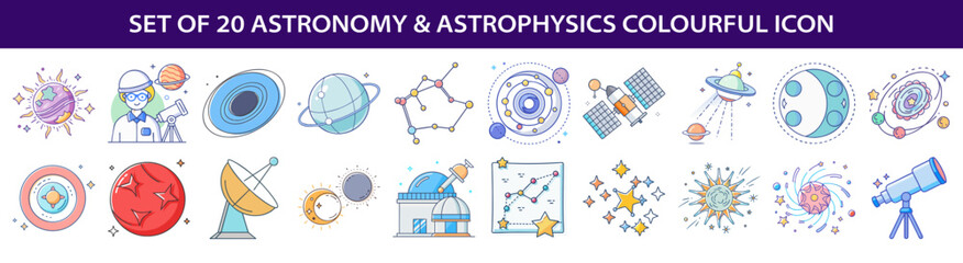 Wall Mural - Collection of twenty astronomy and astrophysics related colorful icons in vector format