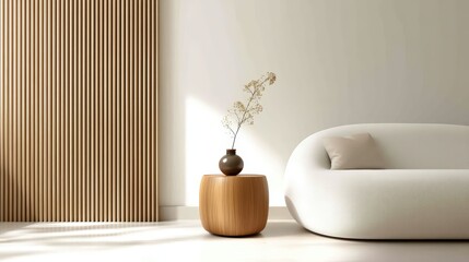 Poster - Minimalist living room with a modern white sofa, wooden panel wall, and a small round table with a vase and branch decor.