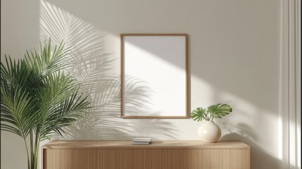 Poster - A minimalist interior with a blank picture frame, wooden cabinet, potted plant, and natural sunlight casting leaf shadows on the wall.