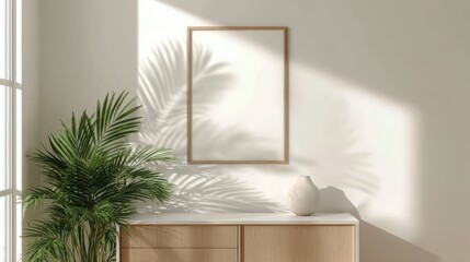 Poster - A minimalist interior with a blank picture frame, wooden cabinet, potted plant, and natural sunlight casting leaf shadows on the wall.