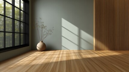 Poster - Minimalist room with wooden floors, large window, textured wall, and a vase with branches in natural sunlight.