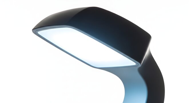 A close up view of a modern black desk lamp with a bright white light panel on white