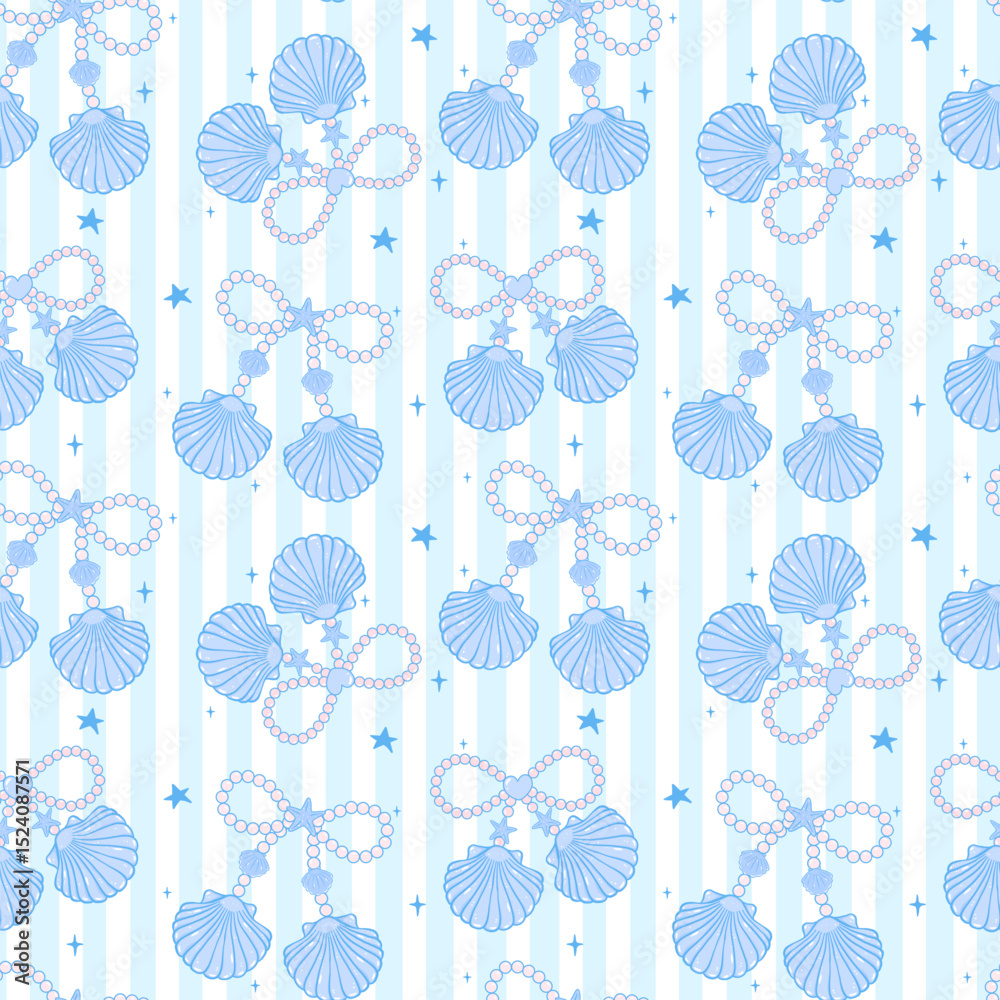 Cute coquette Summer seamless pattern Blue Pearl bow seashells girly ...