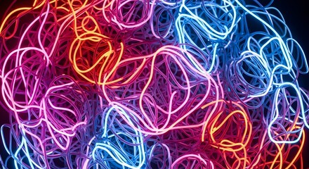 Aufkleber - A tangled mess of glowing neon wires in shades of blue pink and orange on black background