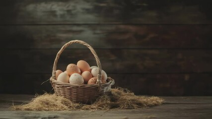 Poster - Warm natural light highlighting wicker basket brimming with fresh brown and white chicken eggs resting comfortably on soft hay against weathered wooden surface, embodying rural farm freshness