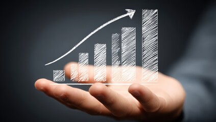 Poster - A hand holding a sketched bar graph with an upward arrow, symbolizing growth and business success.