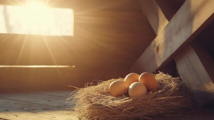 Poster - Soft golden sunlight filtering through wooden coop window, highlighting fresh organic eggs nestled gently in straw lined nesting area, capturing serene morning farm atmosphere