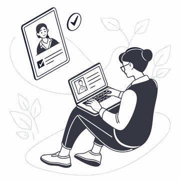 woman using laptop with profile and check mark in a stylized illustration