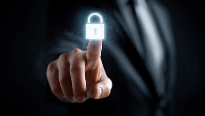 Poster - A businessman touches a glowing padlock icon, symbolizing digital security and data protection.