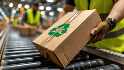 Poster - A worker handles a recycled cardboard package on a conveyor belt in a busy warehouse.