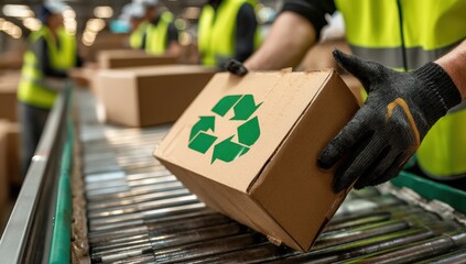 Poster - Worker in safety vest handles a recycled cardboard package on a conveyor belt in an industrial setting.