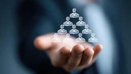 Poster - A hand presents a digital illustration of a hierarchical team structure, symbolizing leadership, management, and organization.
