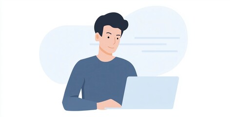 Fototapete - Young man working on a laptop in a modern workspace, with soft colors and abstract shapes in the background, illustrating a productive and creative environment