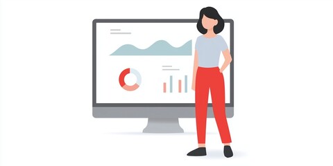 Fototapete - Female character standing confidently beside a large computer monitor displaying colorful graphs and charts, representing data analysis and business insights in a modern workspace