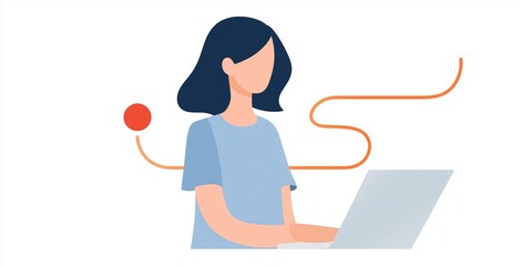 Fototapete - Female character in flat illustration style working on a laptop, with flowing lines and a red dot, representing digital communication and modern technology in a creative workspace