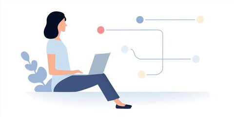 Fototapete - Woman sitting on floor using laptop, surrounded by abstract shapes and lines, illustrating digital communication and remote work in a modern, minimalistic environment