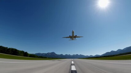 Aufkleber - Passenger airplane descending toward runway with scenic mountain landscape under bright sunlight, showcasing smooth landing approach during clear daytime conditions