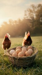 Poster - Warm sunrise filtering across farmyard, soft feathered hens meandering near woven basket containing freshly collected eggs, rustic pastoral setting captured through smooth stop motion