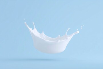 Poster - Splash of white liquid against a soft blue background, capturing the dynamic motion of water droplets, creating a visually striking and refreshing scene of fluidity and elegance