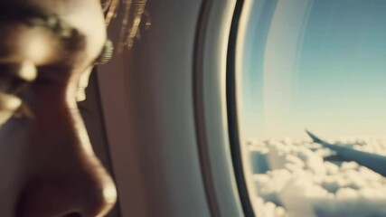 Poster - Soft sunlight streaming across young passenger's face, gazing contemplatively through airplane window while revealing cloudy skies and metallic wing during tranquil aerial journey