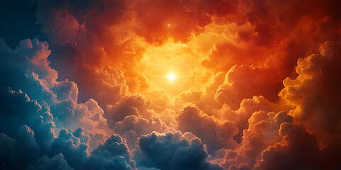 dramatic sky view of glowing starburst with clouds orange and blue hues celestial scene heavenly lig
