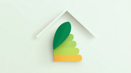 Poster - Green leaf and layered shapes forming a house icon, representing eco-friendly living and sustainability, with a minimalist design on a light background