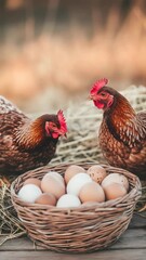 Poster - Two brown chickens observe a wicker basket full of fresh eggs, placed on a wooden surface with straw in the background, in a rural and organic farming context