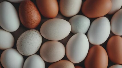 Aufkleber - Fresh organic chicken eggs, brown, white and speckled, are slowly rotating on a white background, creating a mesmerizing visual of natural food