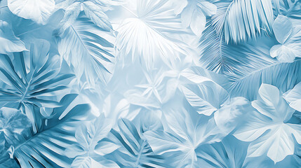 Poster - Dreamy blue foliage arrangement featuring tropical palm leaves monstera and jungle plants delicate soft light