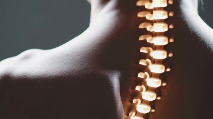Poster - Medical visualization highlighting woman's spine vertebrae, revealing potential spinal curvature, skeletal alignment issues, and associated musculoskeletal discomfort on neutral background