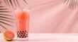 © Nik_aquaneon - Refreshing guava bubble tea on pink background with palm shadows
