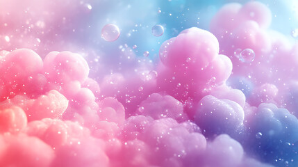 Poster - Dreamy cotton candy clouds with sparkling bubbles against blue sky digital art abstract illustration