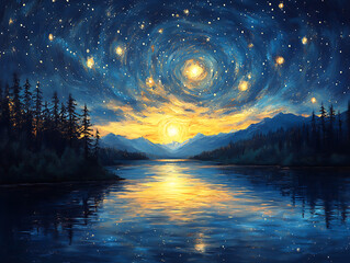 Wall Mural - Dreamy night landscape with starry sky and lake reflection illuminated by golden sunset above majestic mountains and evergreen forest