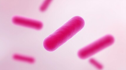 Poster - Vibrant pink bacteria illustration showcasing elongated rod shapes floating against a soft gradient background, emphasizing microbial life and scientific exploration in a visually striking manner