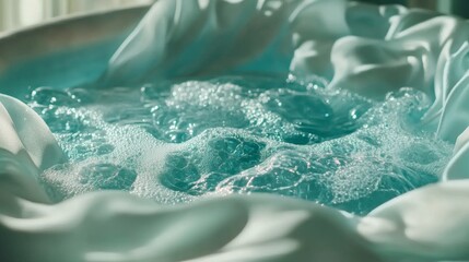 Ethereal baby blue fashion studio, crystal glass textures with silk fabric details, soft diffused morning light