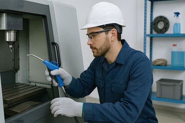 Fototapete - Skilled Technician Using Equipment in Industrial Workshop Environment