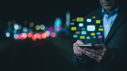 Poster - Night Businessman Email: A businessman uses his smartphone at night, checking emails in the city background. The glowing screen and bokeh lights create a sense of modern business life.
