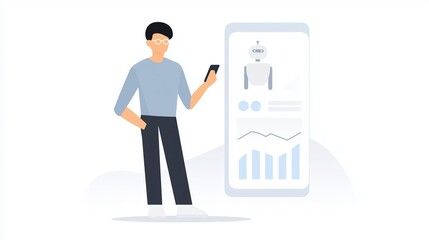 Fototapete - Young man with glasses holding smartphone, standing beside a large digital display showing analytics and a robot illustration, representing technology and innovation in data analysis
