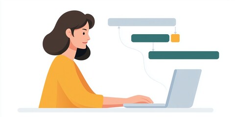 Poster - Young woman working on laptop, engaged in project management, with colorful task flowchart displayed, illustrating productivity and organization in a modern workspace