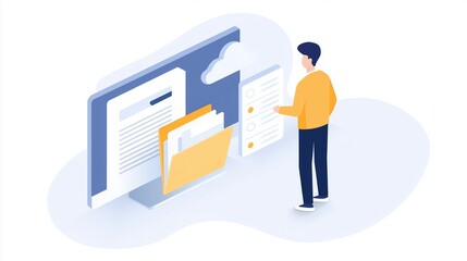 Fototapete - Individual standing in front of a large computer screen displaying documents and folders, representing digital organization and cloud storage solutions for modern workflows