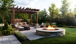 © john - fStunning backyard hardscape featuring a stone patio, fire pit, and pergola, creating a perfect outdoor living space with natural stone accents and a cozy ambianceuu