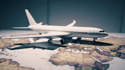 Poster - Six different frames showing a white airplane model standing on a world map, suggesting the concept of travel, tourism, and international destinations