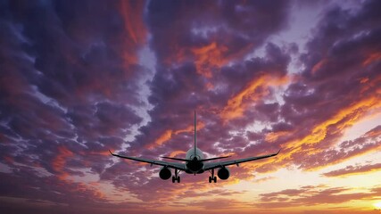Poster - Jet plane approaching airport runway for landing, with dramatic sunset cloudscape in the background, creating a vibrant and captivating scene