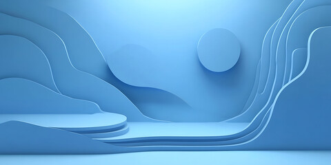 Poster - Elegant baby blue abstract podium stage background with layered papercut shapes and circle element