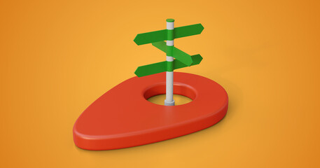 Fototapete - Red map pin with road signs in the middle on yellow background. GPS pointer or navigation pin with road sign. Concept of logistics, traffic, navigation and transportation.