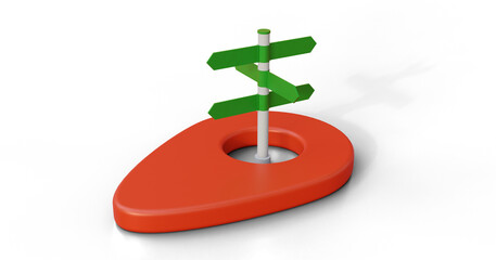 Fototapete - Red map pin with road signs in the middle on isolated background. GPS pointer or navigation pin with road sign. Concept of logistics, traffic, navigation and transportation.